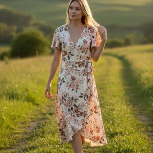 Time and Tru Floral Wrap Midi Dress Tie Waist Short Sleeve Size M